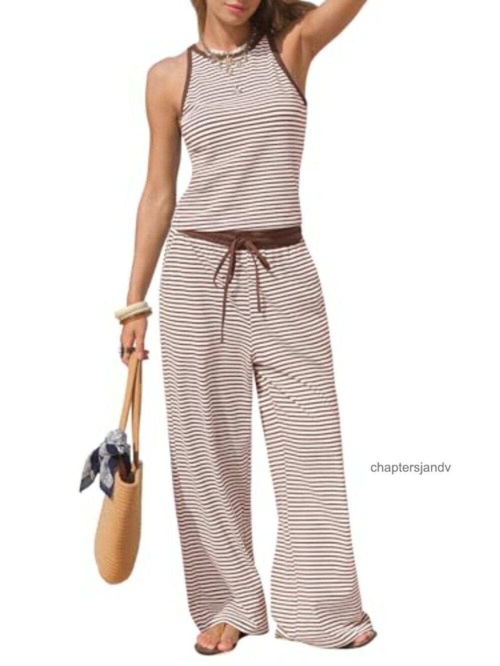 Cotton Striped Two Piece Set Wide Leg Pants Halter Top